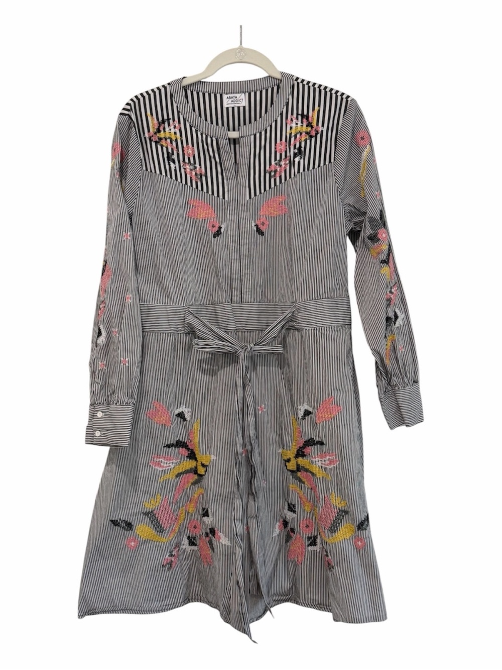 Abaya Addict Striped Embroidered Long Sleeve Dress Tie Waist Size Medium